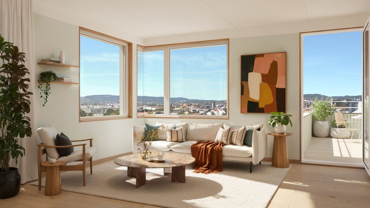 Leilighet 501 har fantastisk utsikt fra både stue og terrasse. Se boligvelger for plantegning, priser og beliggenhet.